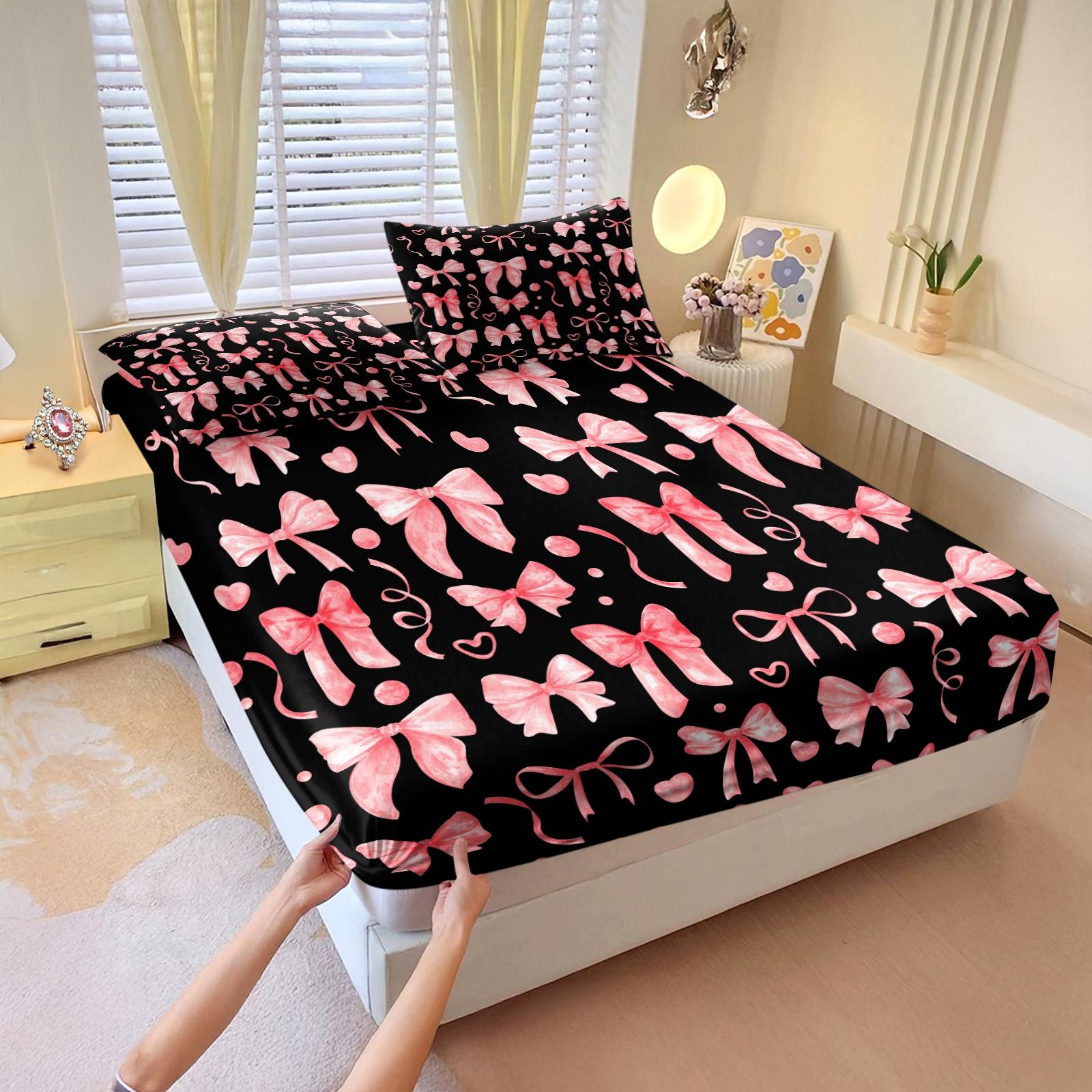 3Pcs Lovely Coquette Bow Printed Fitted Sheet Set, Sweet Y2K Style Bed Sheet Set, Soft Wrinkle-Resistant Microfiber, Vibrant Digital Print, Deep Pocket Design, Ideal for Girls Bedroom, Dorm & Guest Room All-Season Decor - No Filling