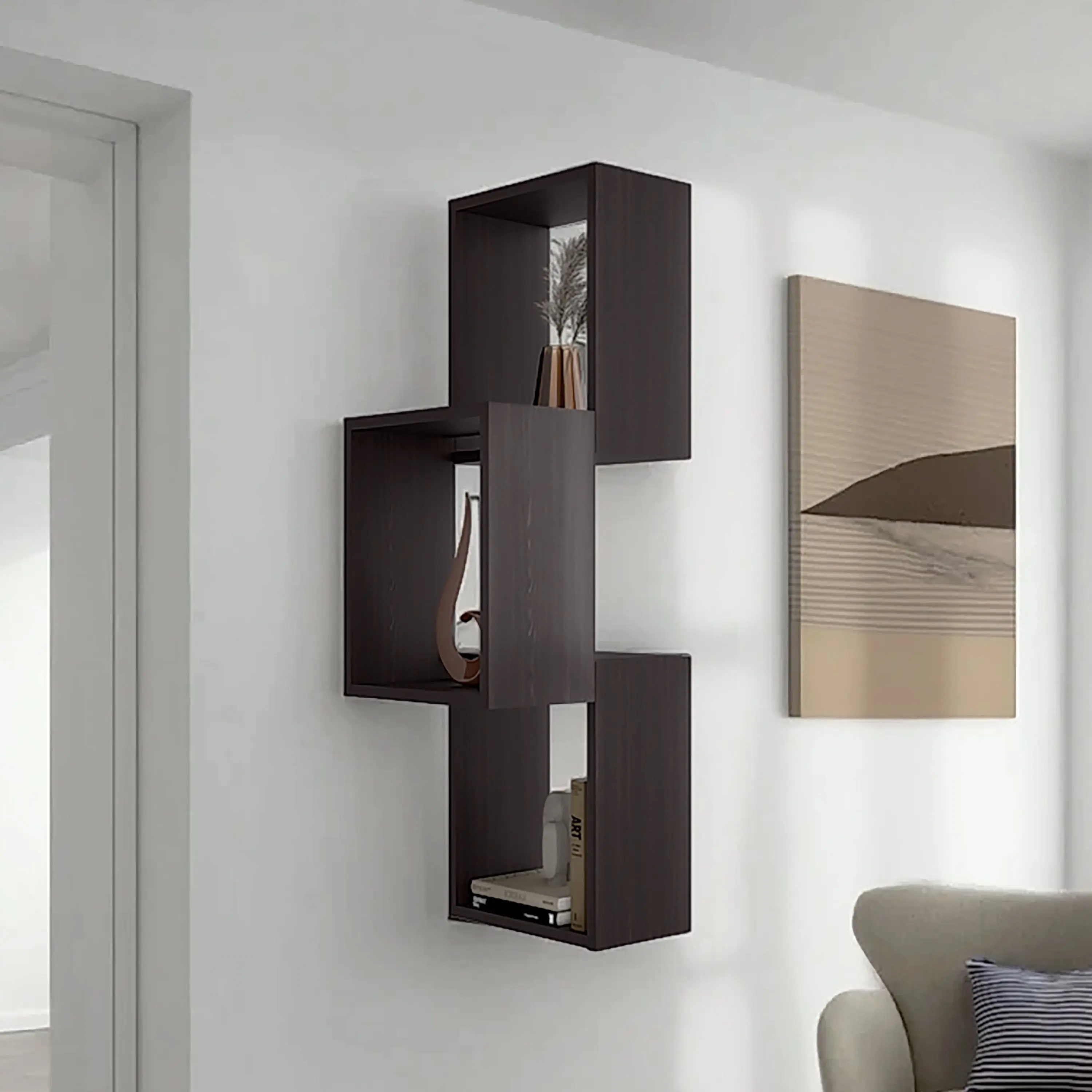 Nokaa 3-Tier Wall Shelf Floating Bookcase for Living Room, Black Wengue Finish, Engineered Wood, 13.2"W x 11"D x 37.4"H, Display Books Decor, Maximize Vertical Space, Modern Storage Shelf