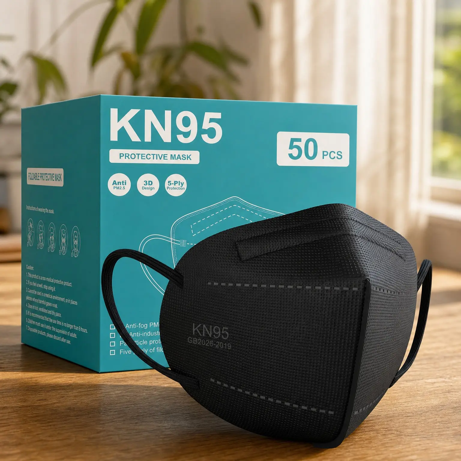 KN95 Face Masks 50 Pack, 5-Ply Breathable Disposable Cup Masks, Filter Efficiency ≥95%, Protective Against PM2.5 and Dust, BlackGift