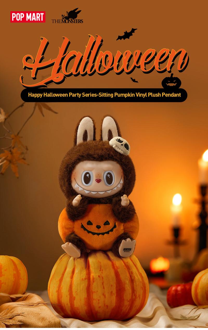 POP MART THE MONSTERS Happy Halloween Party Series-Sitting Pumpkin Vinyl Plush Pendant, Labubu Collectible Toys, Valentine’s Day Gifts