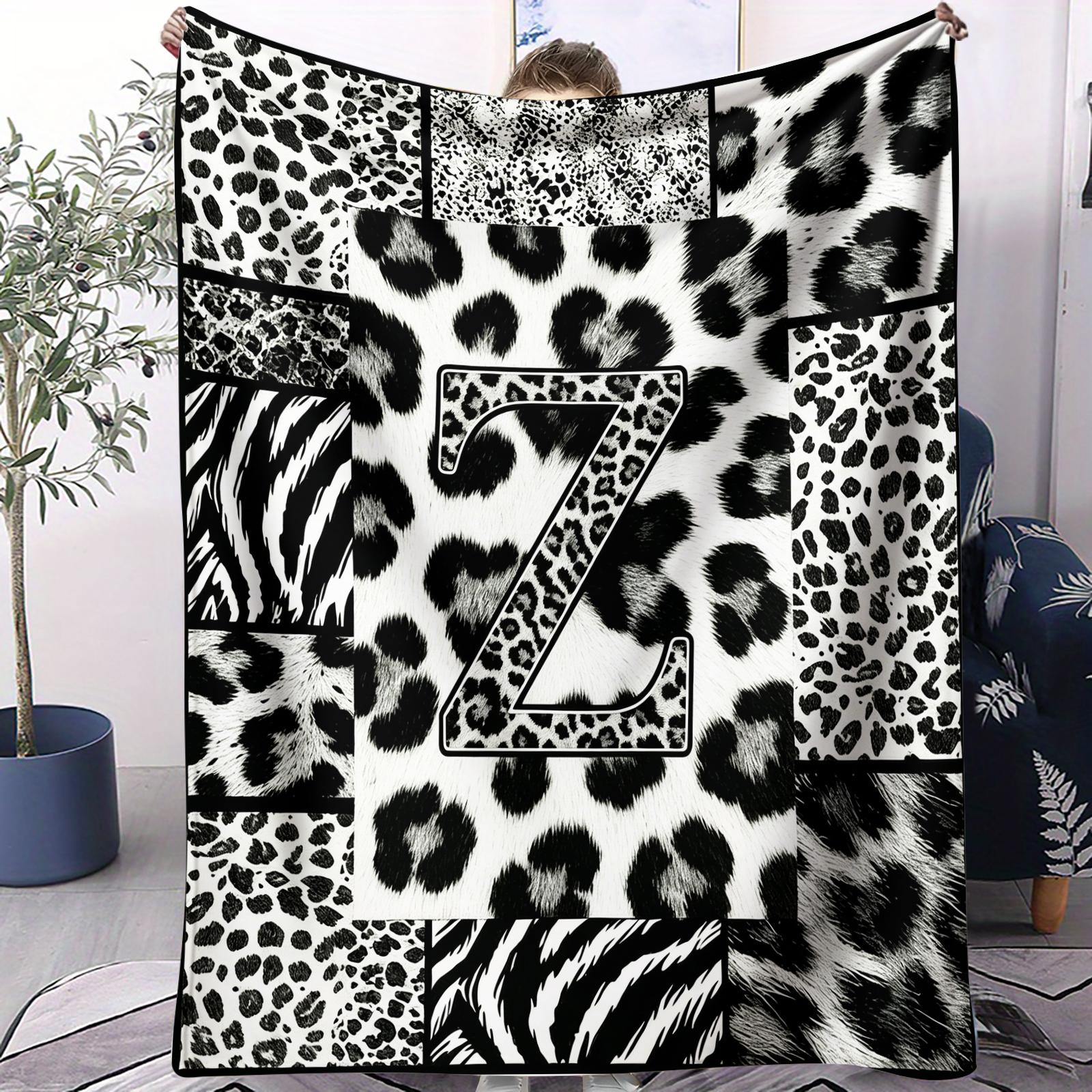 Custom Initial Animal Print Throw Blanket, Trendy Patchwork Visual Impact, Skin-friendly Breathable Lightweight, Perfect for Rental Bedroom Daily Use