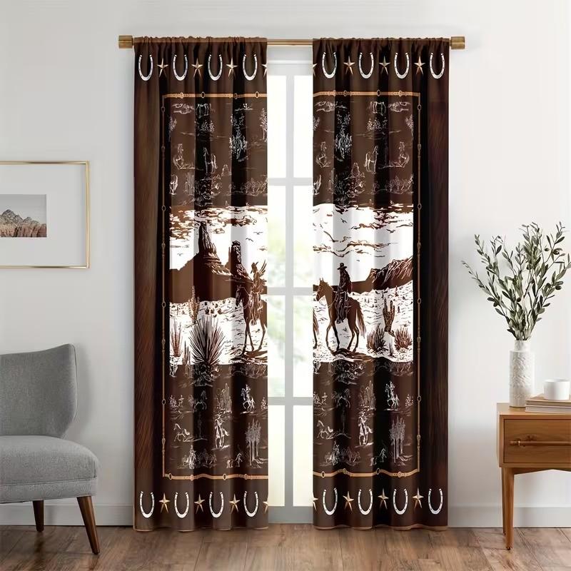 2 pieces of high-definition digital 2 Western-style cactus and palm brown design printed curtains. Made of polyester, semi-transparent, machine washable, suitable for bedrooms, living rooms and home decoration curtains.