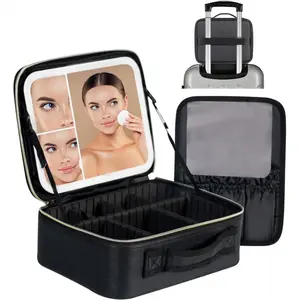 Travel Makeup Bag with LED Lighted Make up Case with 3X 5X Magnification Mirror Cosmetic Makeup Box Organizer Vanity Case for Women Beauty Tools Accessories Case Rechargeable
