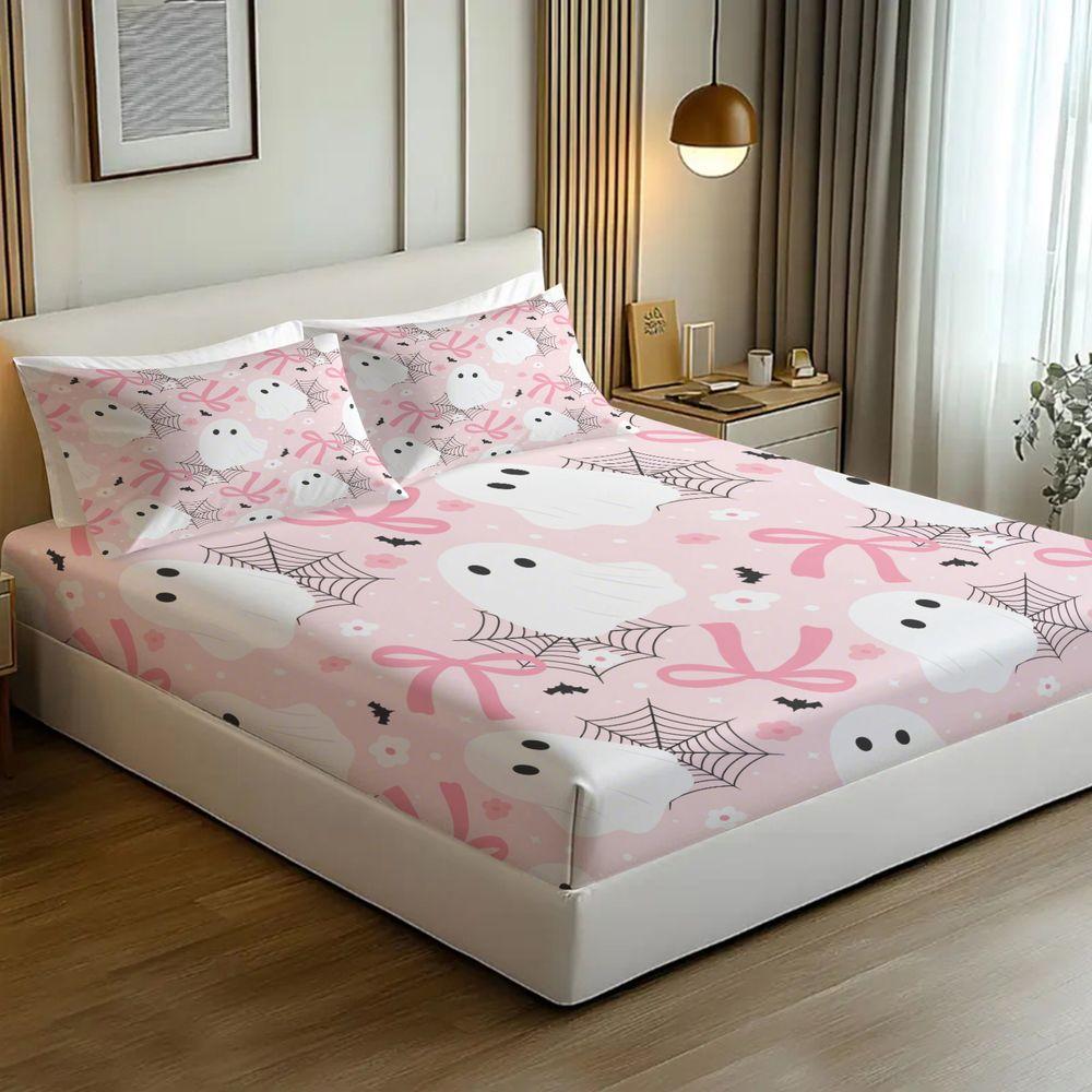 3Pcs Cute Pink Ghost Fitted Sheet Set, Aesthetic Spooky Halloween Bed Sheets Set, Soft Microfiber Bedding Set with Bows & Spiderweb Print for Girls Bedroom Decor No Fillers