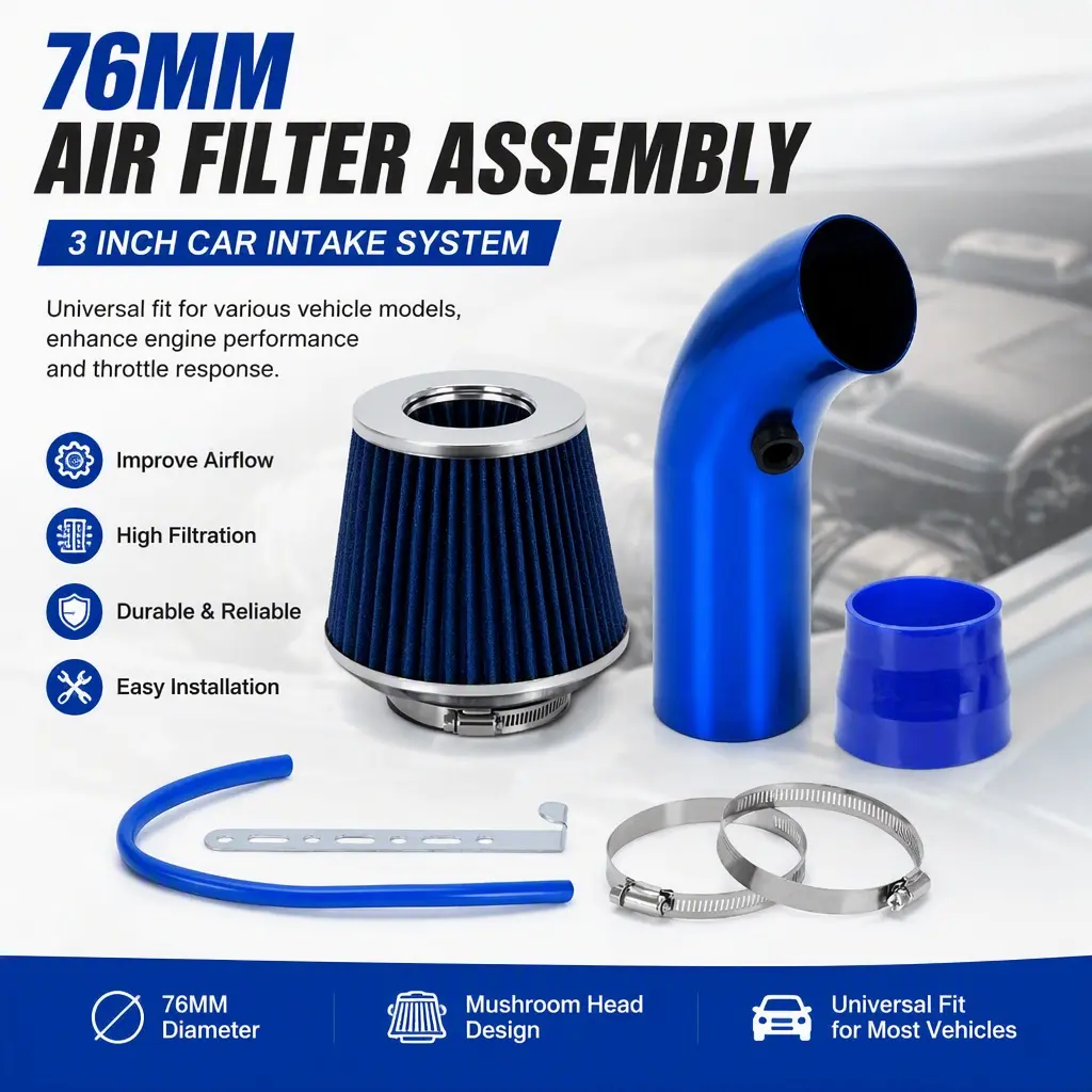 76mm 3 Inch Universal Cold Air Intake Kit Aluminum Pipe Mushroom Air Filter Car Engine Performance Mod Parts