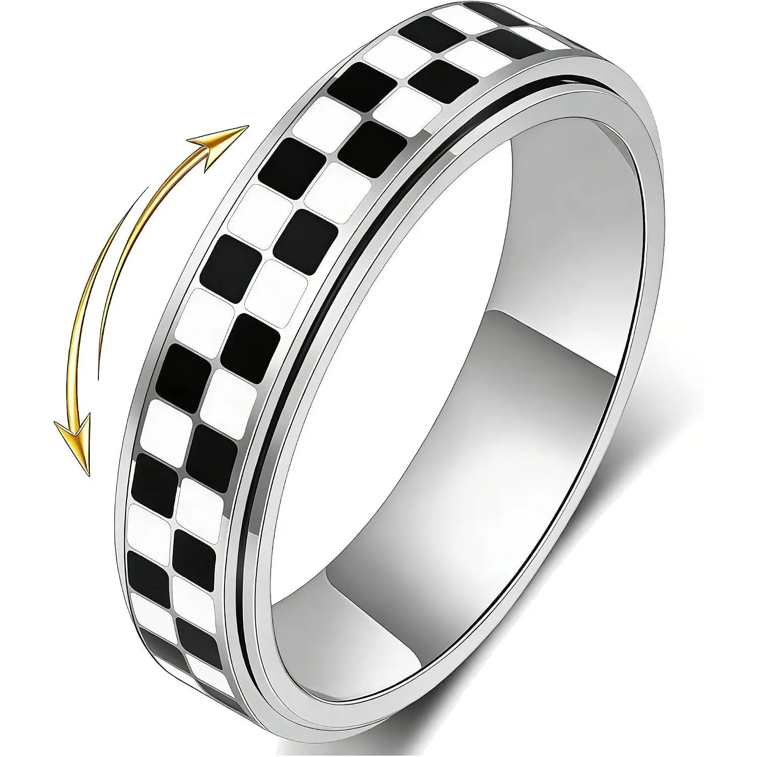 Checkered Fidget Ring for  , Discreet Silent Spinning , Black+White  Durable Stainless Steel Thumb Spinner  for Work Office Adults Women Men /Sliver Size 5-11
