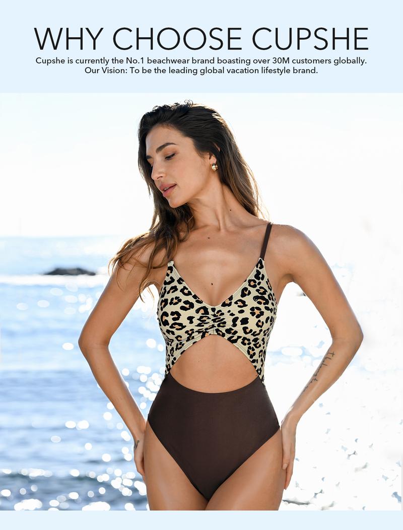 CUPSHE Leopard Top Brown Bottoms,V Neckline,Cutout One-Piece Monokini Stylish Beachwear Drawstring Back High Waisted Swimwear Summer Swimsuit Beach Bathing Suit