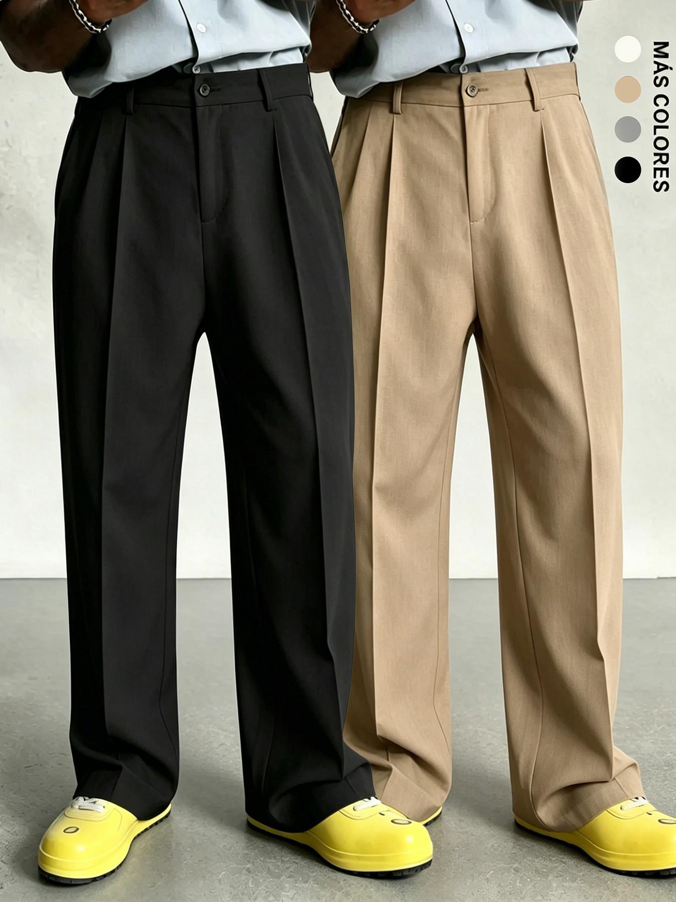 Men's Pleated Wide Leg Suit Pants, Formal Wear, Casual Loose Fit, Business & Street Style, Mid Waist, Drawstring Waist, Adjustable Pants, All Seasons