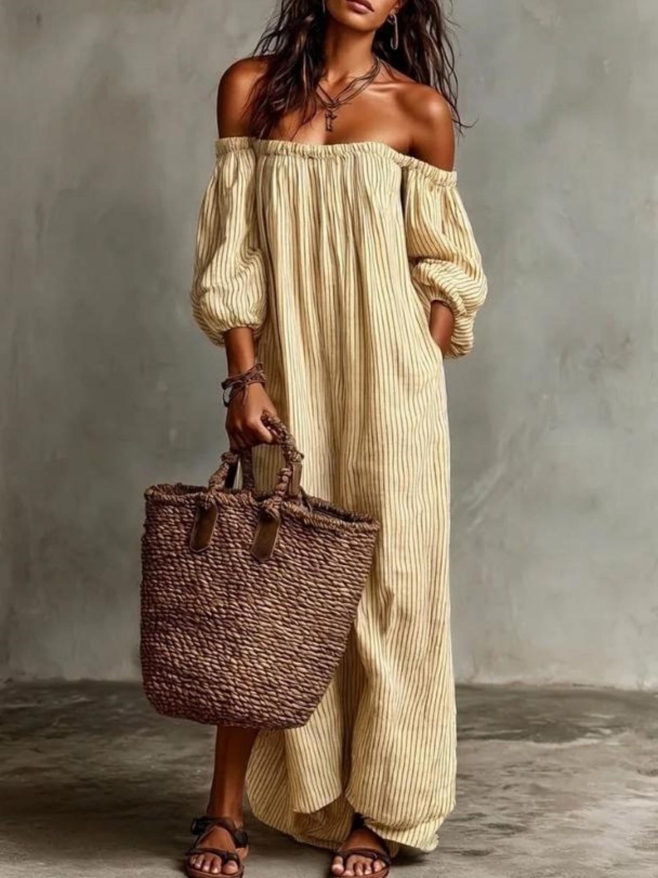 Women's Vintage Striped One-Shoulder Long Dress, Loose Fit Slimming Bubble Sleeve Off-The-Shoulder Dress, Beach Vacation Style Summer