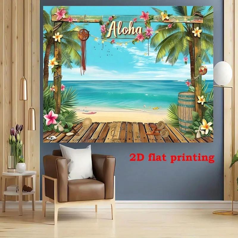 2D Flat Aloha Hawaii Beach Decorative Backdrop 1 Pack Polyester Material Tropical Palm Flower Seaside Party Banner Summer Beach Themed Photo Hanging Cloth Luau Party Atmosphere Curtain Reusable Waterproof Decorative Supplies