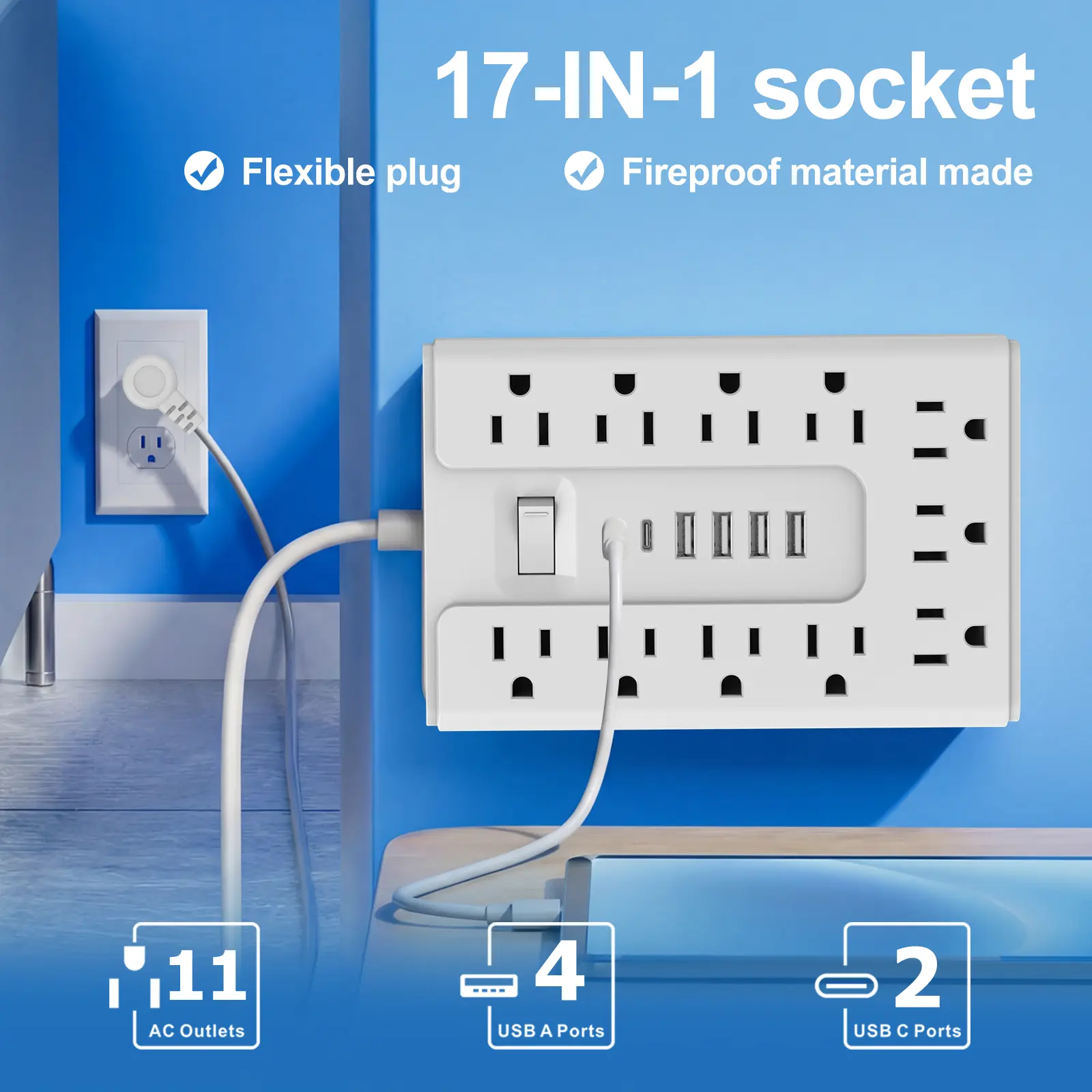 Power Strip Surge Protector, 11 Widely Outlets with 6 USB Ports (2 USB C), Multi Plug Wall Outlet Extender, 5FT Extension Cord Charging Station, Small Power Strip for Travel Home Office College Dorm