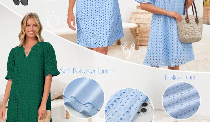 MEROKEETY Women's 2025 Summer Short Sleeve Mini Dress V Neck Ruffle Hollow Out Eyelet Lace Dresses