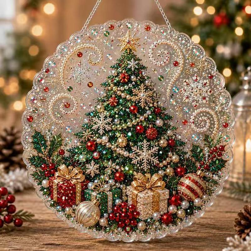 Christmas Pearl Diamond Painting Kit, Handmade, 10 Inch, Pre-Assembled Metal Chain, Acrylic Round Board with Lace Edge, 3D Pearls, Holiday Decor