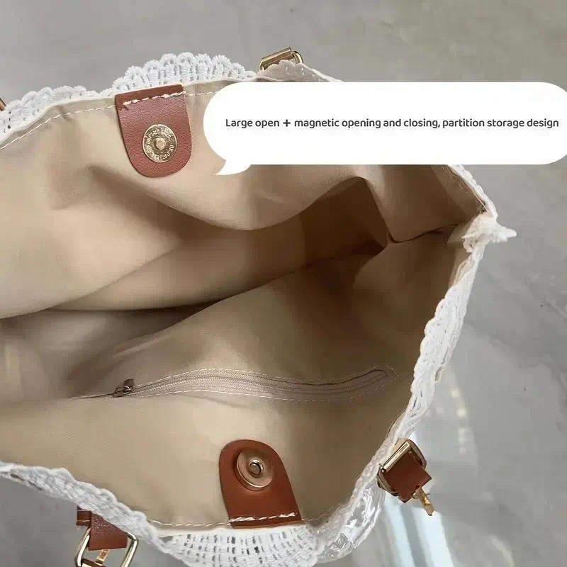 Trendy Lace Crochet Beach Bag for Women, Large Capacity Floral Shoulder Tote, Perfect Vacation Travel Handbag, Versatile Knitted Purse for Resort & Summer Outings