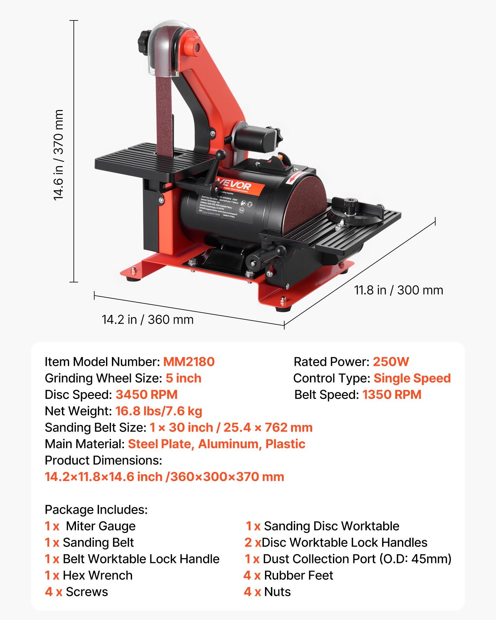 VEVOR Benchtop Disc Sander Combo, 5 inch Disc & 1" x 30" Belt Sander, 250W Power, 0-45 Adjustable Worktable, Dust Collection Ports for Woodworking, DIY Projects