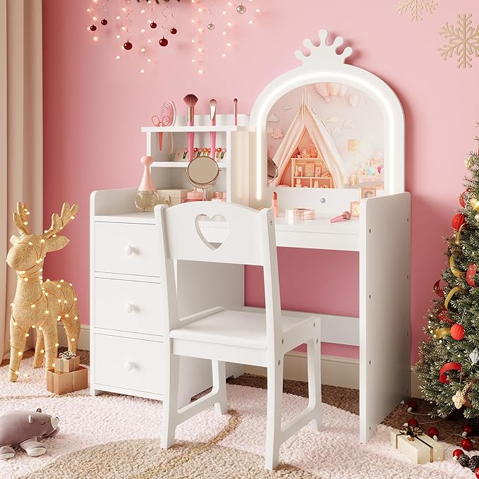 Vanity Desk with Mirror , White Princess Wooden Makeup Vanity with Chair, Storage Shelves and Drawers, 2-in-1 Girls Dressing Table