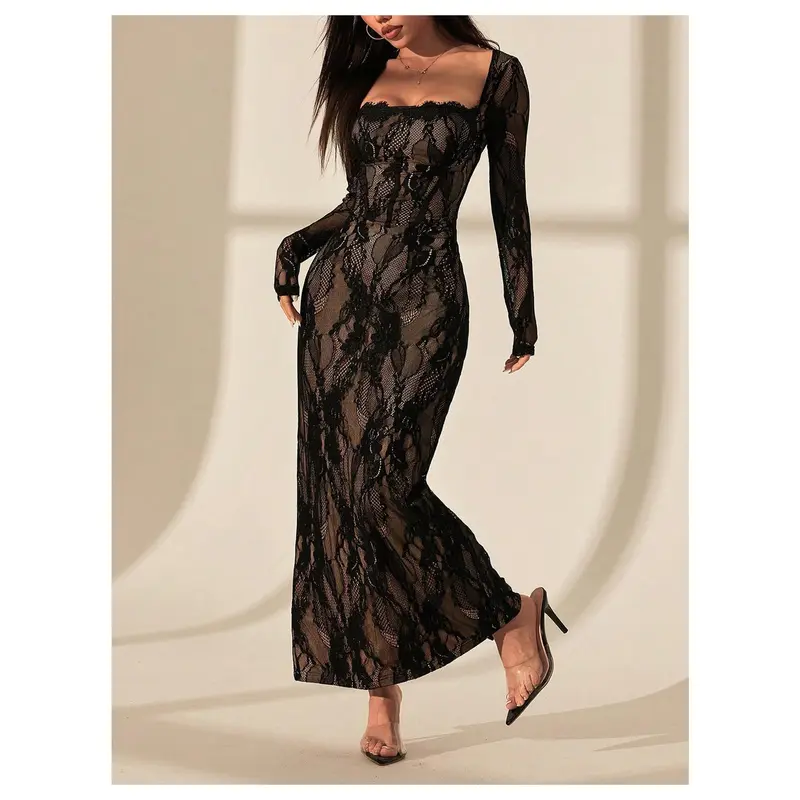 Women's Floral Lace Slit Back Fishtail Long Dress Square Neck Cocktail Bodycon Maxi Dresses