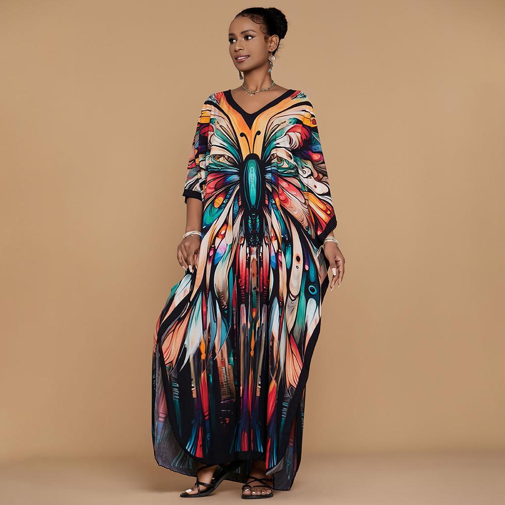 Bsubseach Women's Ethnic Print Kaftan Dress Plus Size All Over Print Sleeve Tunic Dress Boho Casual V Neck 3/4 Sleeve Tunic Dress for Women Mrs Roper Kaftan Bubu Mumu Casual Womenswear Summer Bohemian