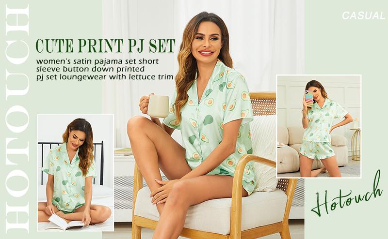 Womens Satin Pajamas Set Button Down 2 Piece Silk Pjs Shorts Set Ruffle Lingerie Notch Collar Sleepwear