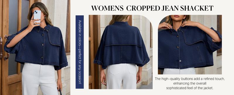 FMEYOA Womens Oversized Cropped Trench Coats Single Breasted 3/4 Cape Sleeve Trendy Casual Jackets Button up Outerwear