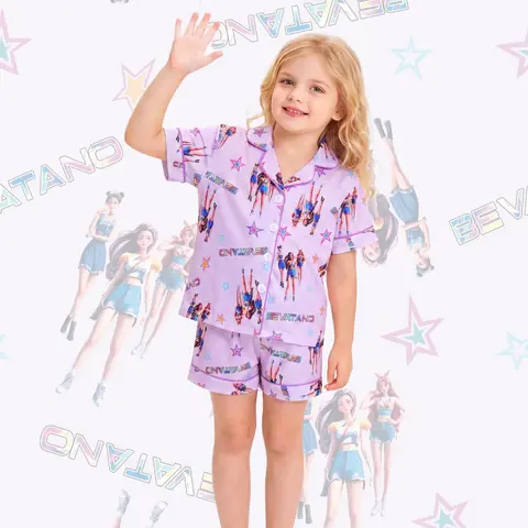 Fire Retardant Fabric Set, Cute Cartoon Print Short Sleeve Top & Loose Elastic Shorts for All Seasons Nightwear