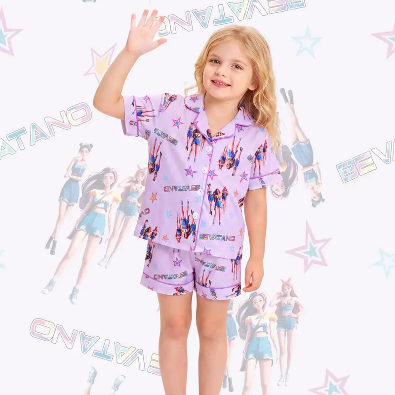 Fire Retardant Fabric Set, Cute Cartoon Print Short Sleeve Top & Loose Elastic Shorts for All Seasons Nightwear