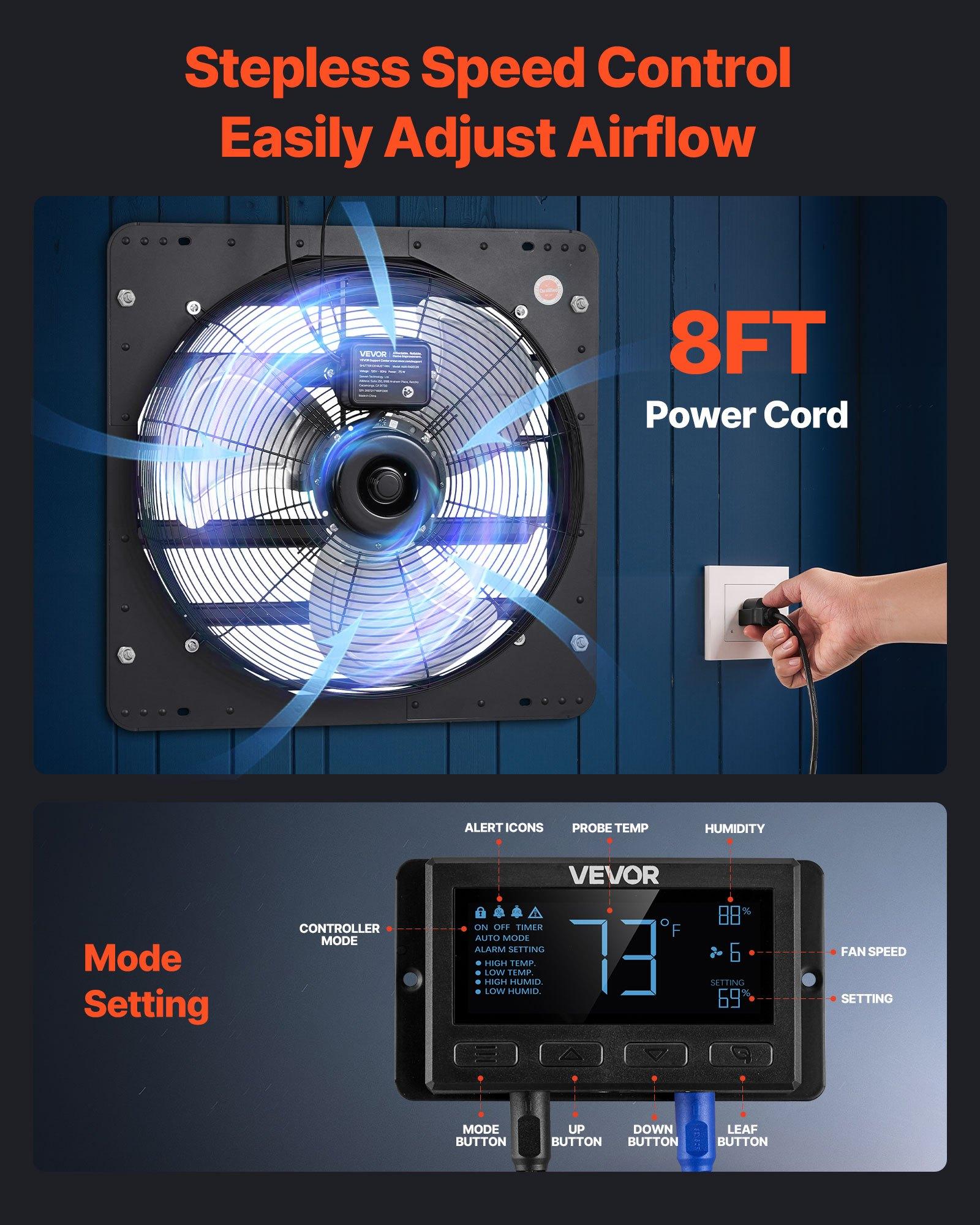 VEVOR 20 inch Shutter Exhaust Fan, Wall Mounted Attic Vent Fan with Smart Programming Variable Speed Temperature Control, 4800 CFM, EC Motor, Timer, for Shed, Garage, Greenhouse Ventilation Cooling, Black