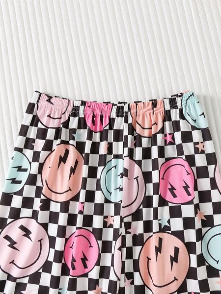 Women's Christmas Plaid Smiley Face Print Pajama Set, Lightweight Button-Up Long Sleeve Top & Pants, Casual Fitted Sleepwear