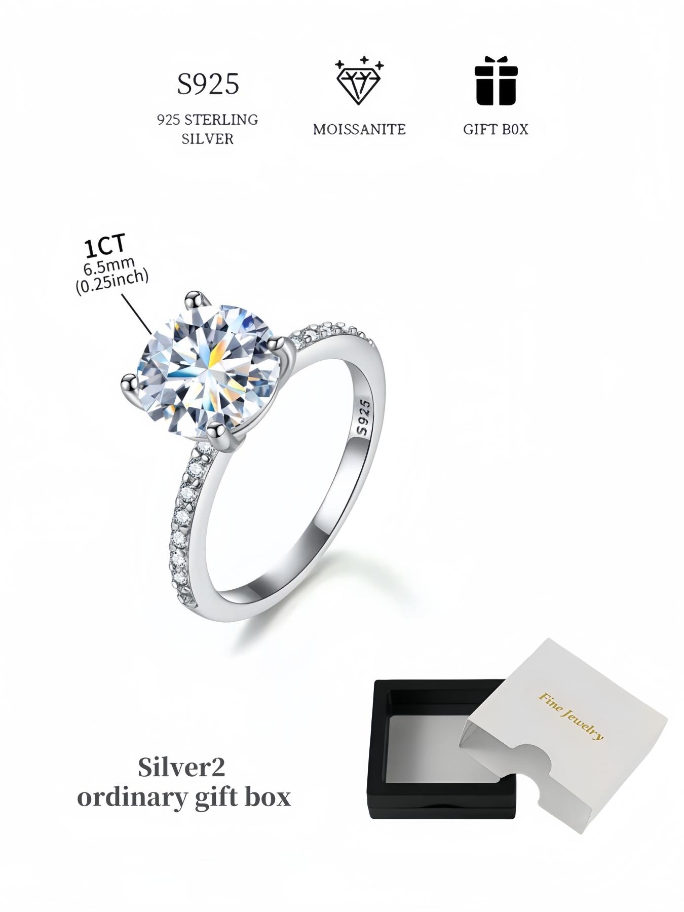 S925 Sterling Silver 1CT Synthetic Moissanite Ring, Luxury Engagement Ring for Women, Trendy All-match & Exquisite Jewelry for Birthday Gift with Box