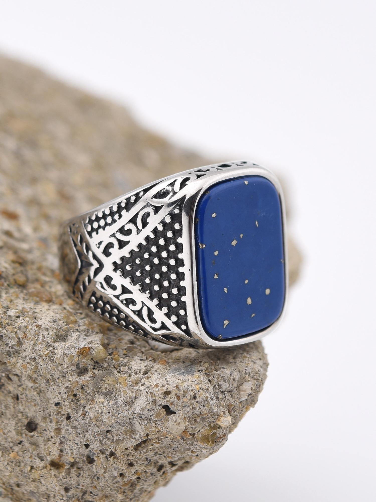Vintage Men's Signet Ring 316L Stainless Steel Silver Color Blue Agate Square Stone Retro Carving Jewelry Gift
