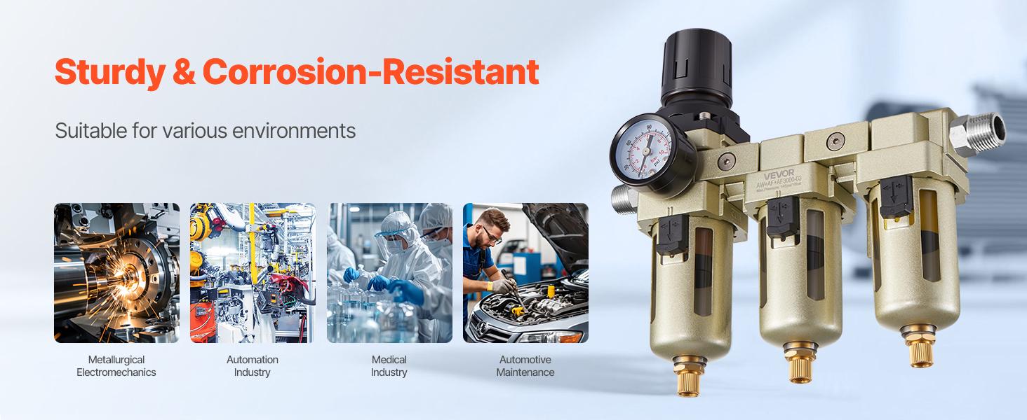 VEVOR Air Compressor Filter Regulator, 3/8 NPT 3-Stage Air Compressor Water Separator with 5m/1m/0.01m Micron Filter Elements, Semi Auto Drain Air-Drying System 145PSI Max Pressure, Poly Bowl VEVOR Air Compressor Filter Regulator, 3/8 NPT 3-Stage Air Compressor Water Separator with 5m/1m/0.01m Micron Filter Elements, Semi Auto Drain Air-Drying System 145PSI Max Pressure, Poly Bowl