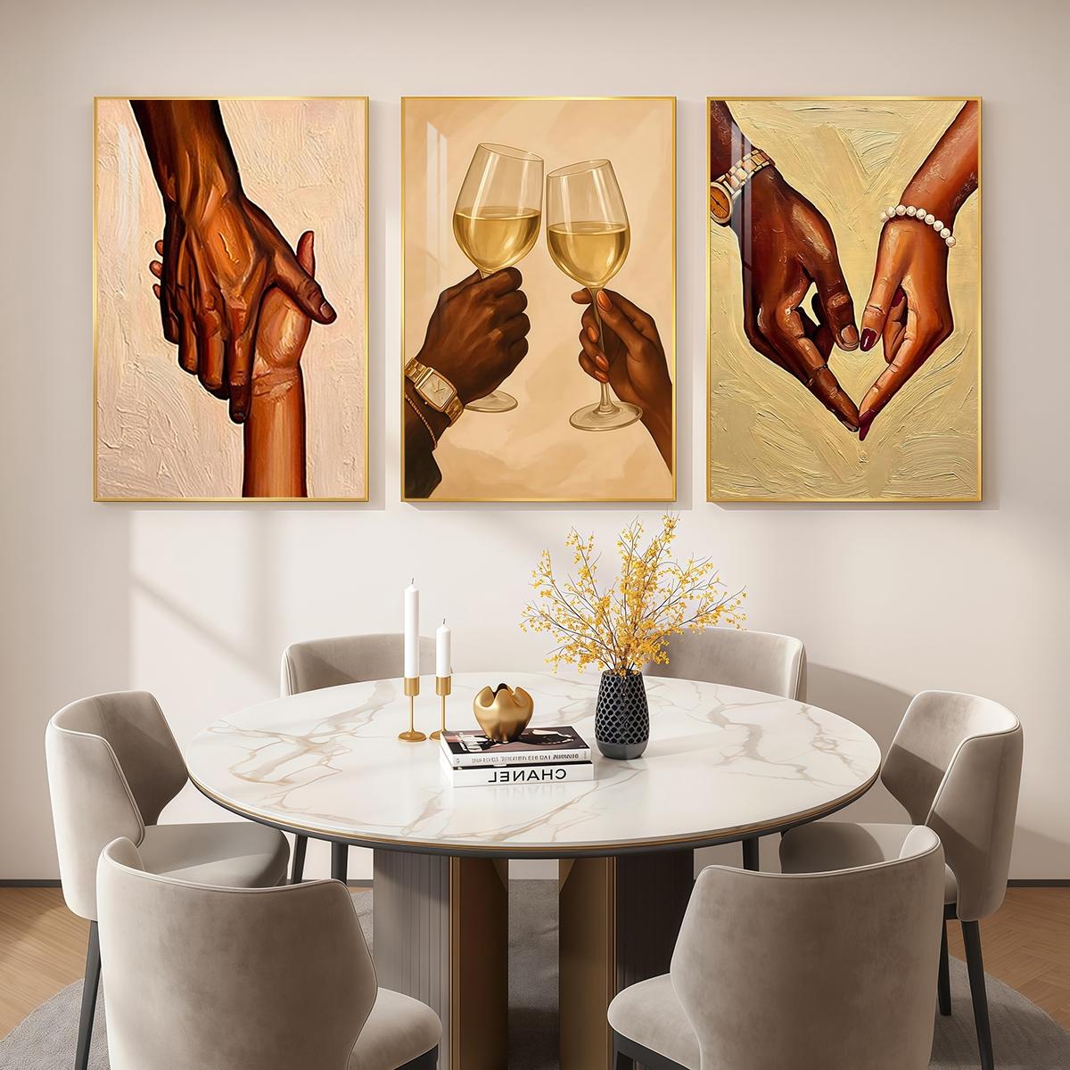 3 Counts Aluminum Alloy Framed Painting, Romantic Couple Hands And Wine Glass Canvas Art, Home Decoration For Living Room, Bedroom, Office, Restaurant, Hallway Wall Decor, Odorless Print Artwork, Luxury Perfect Gift For Friends And Family