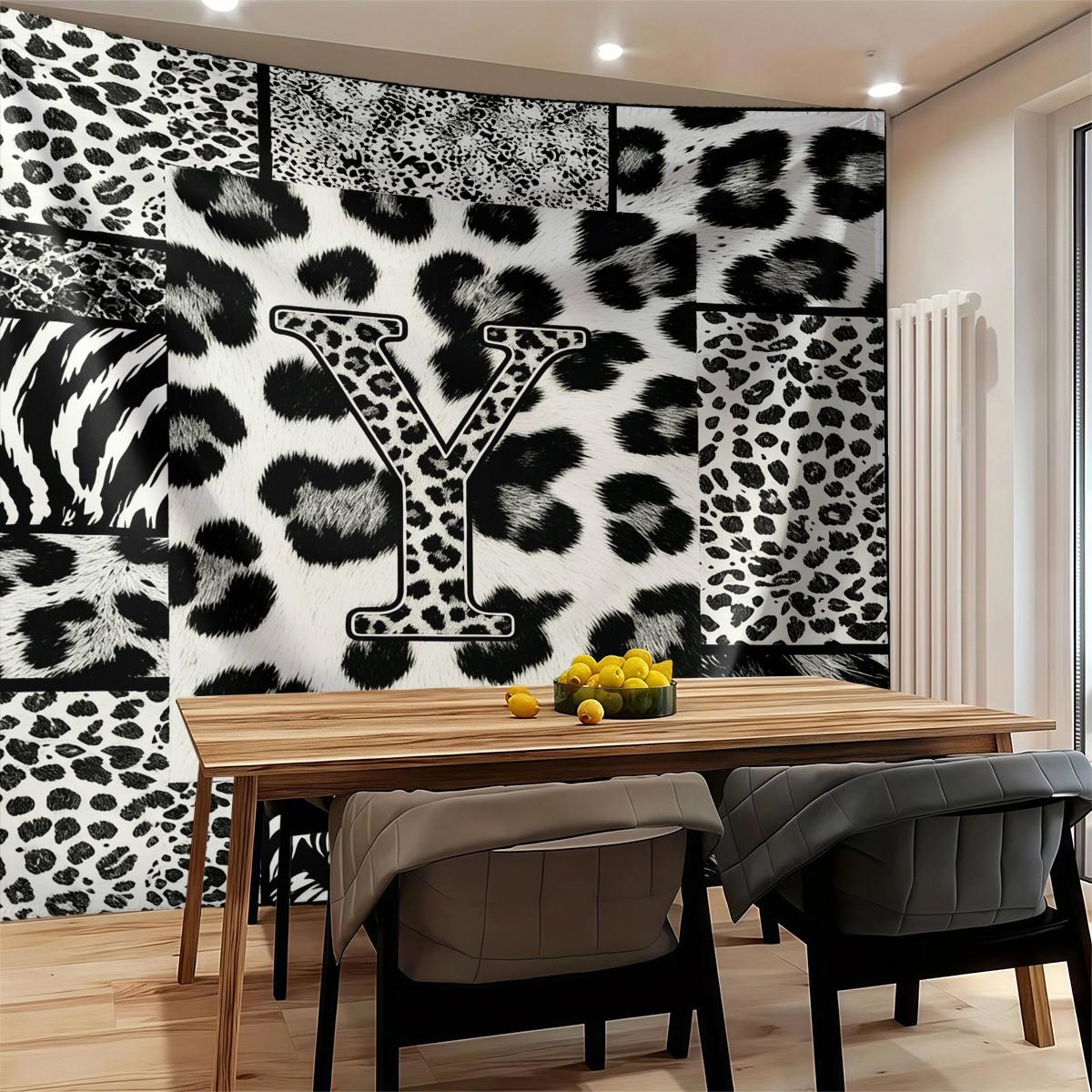 Personalized Initial Wall Tapestry, Retro Leopard Print Patchwork, Easy Care Good Shading, Suitable for Living Room Rental Wall Decor