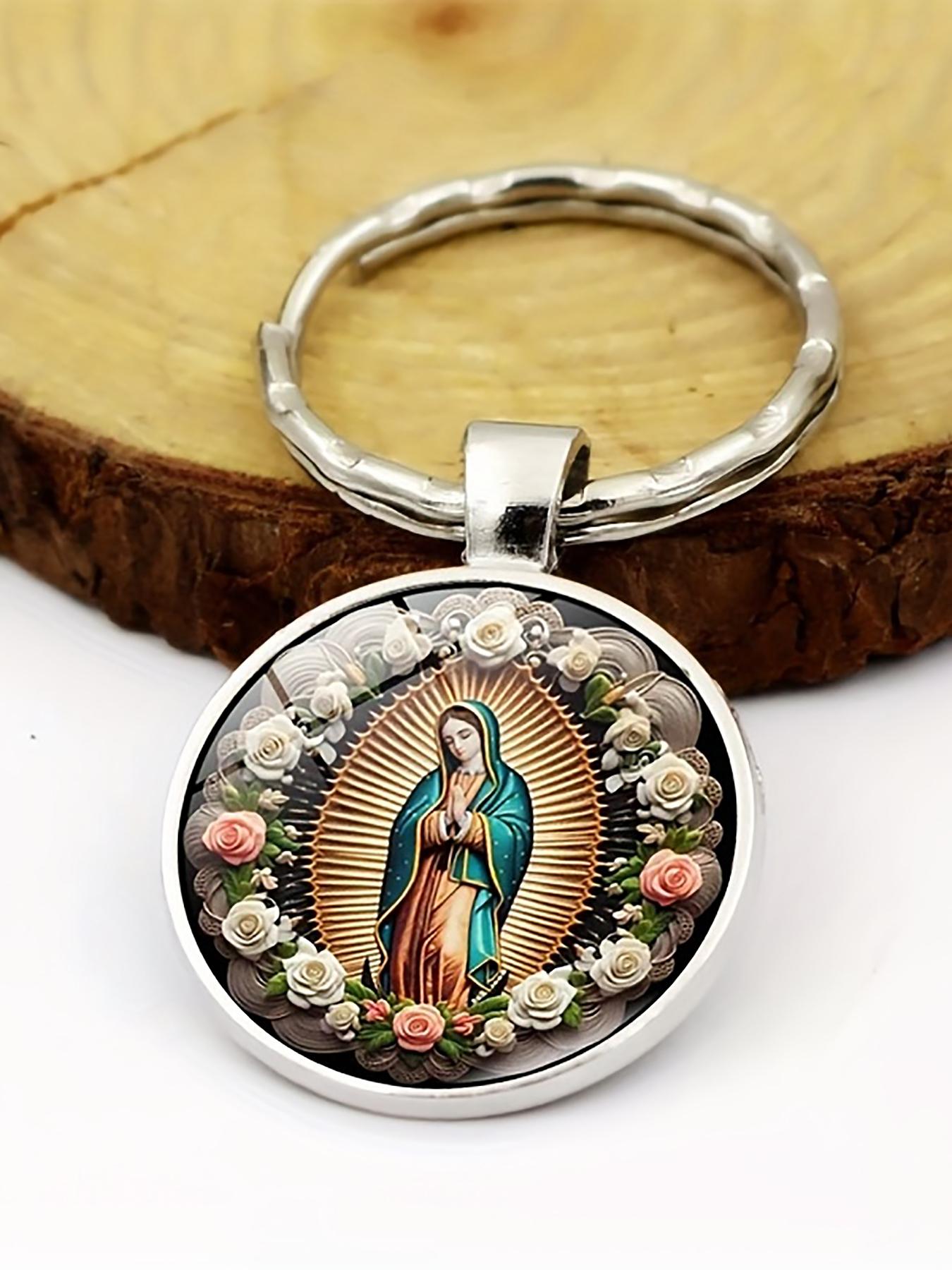 12 Sets Alloy Religious Round Glass Keychain, Includes 12 Organza and 12 Cards, Perfect Gift for Friends, Party, Birthday, Souvenir