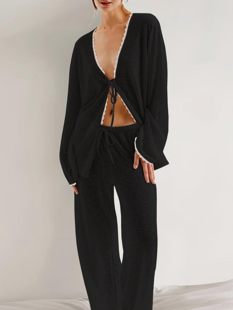 Women's Solid Color Lace Trim Top & Pants Loungewear Two-Piece Set, Elegant Comfy Breathable Outfits for Women, Women's Sleepwear for Summer, Pajama Set