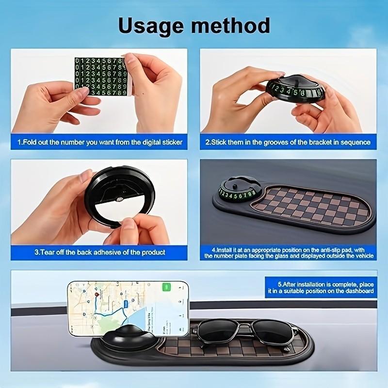 New Multi-Functional Car Non-Slip Mat, Temporary Parking Number Included, Universal Rotatable Car Phone Holder, Anti-Slip Dashboard Pad, Car Accessories Interior