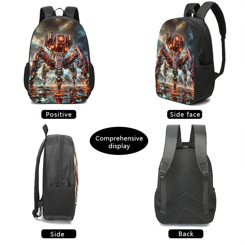 Sci-fi mecha-themed backpacks, handbags, and pencil cases featuring a design of a red heavy mech set against a ruined battlefield backdrop; the high-definition prints are durable and fade-resistant. Features include adjustable shoulder straps and a high-c