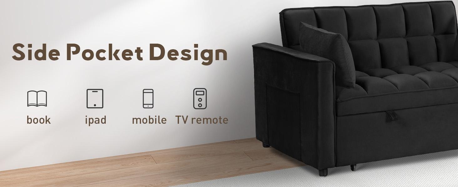 [SpringStatements] EBELLO 3 in 1 Convertible Sleeper Sofa Bed, Futon Couches for Living Room with Side Pocket,Adjustable Backrest,Pull Out Couch,Loveseat,Sectional Daybed for Lazy day