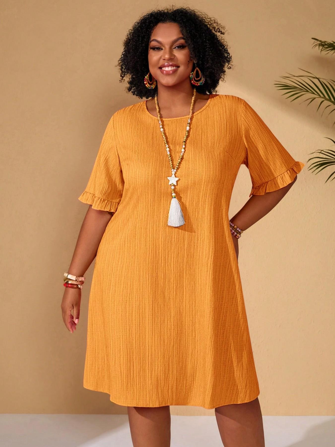 Plus Size Women's Round Neck Solid Everyday Dress, Textured Vertical Stripe Ruffled Sleeve Loose Feminine Casual Boho Elegant Skirt, Ideal for Daily Home and Outing Wear