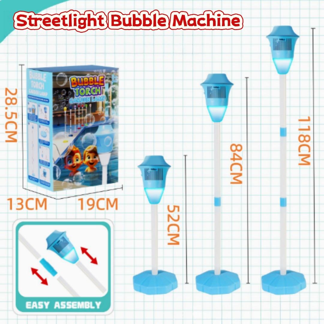 Streetlight Bubble Machine, “Torch” Bubble Machine with Music and Lights—an outdoor children's toy perfect for weddings and parties. Suitable for various occasions. Requires 3 AA batteries (not included). Recommended for ages 3 and up. Comes in a box.