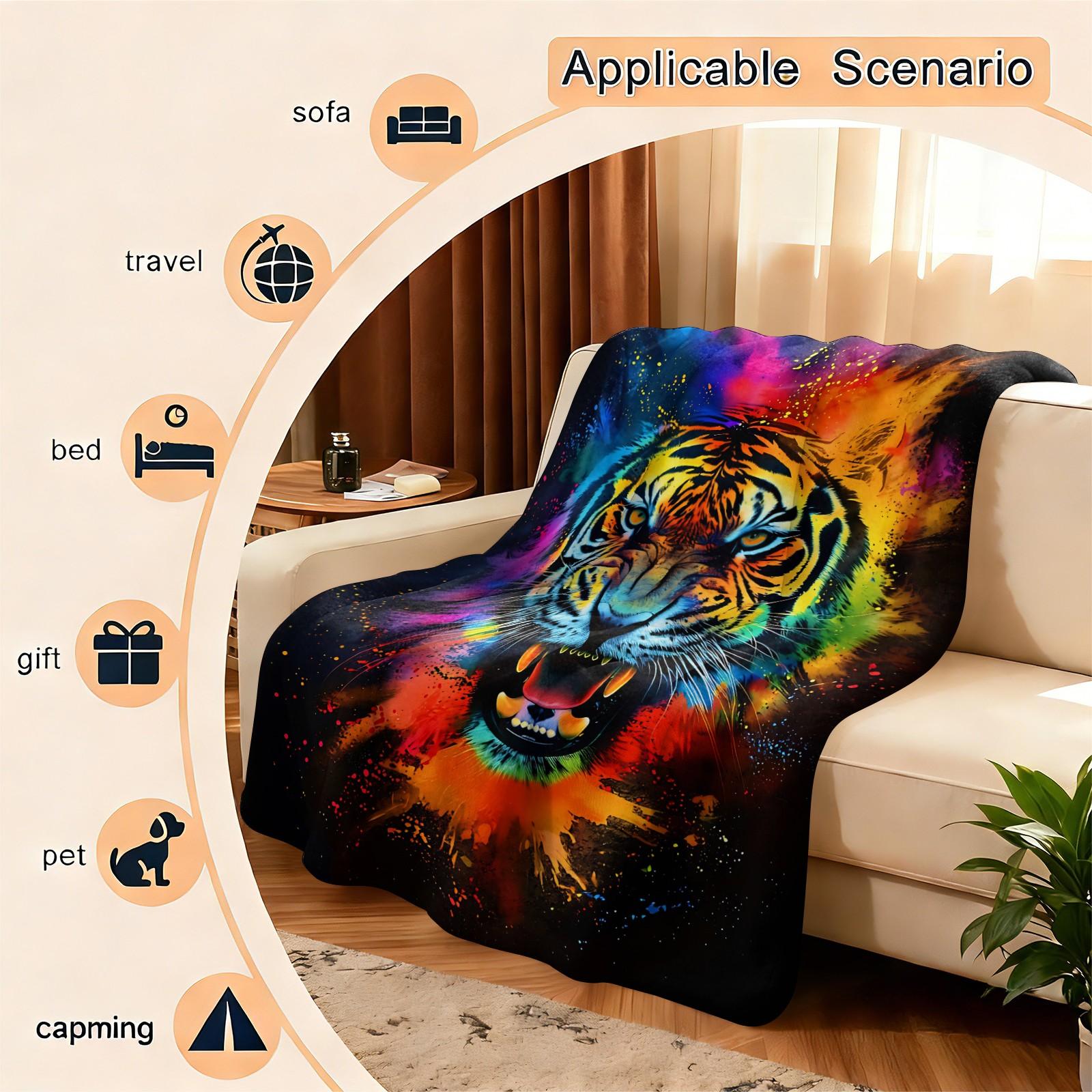 Vibrant Tie-Dye Tiger Print Flannel Throw Blanket, Soft Warm Cozy Fleece Blanket for Couch Bed Sofa, Bold Colorful Tiger Decorative Blanket, All Season Plush Blanket, Perfect Gift Blanket for Home, Travel, Nap, All Ages