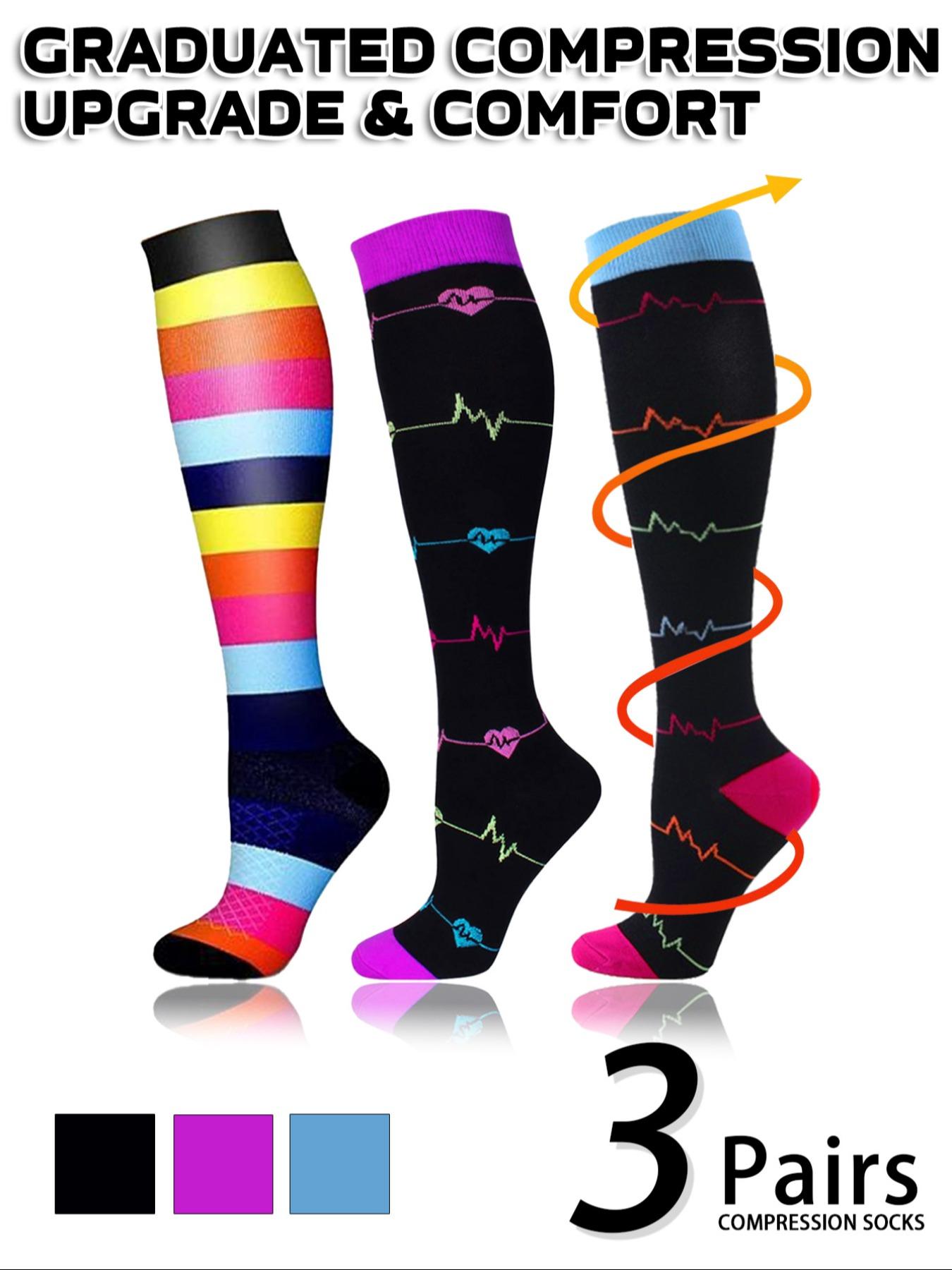 3 pairs of men's and women's compression socks with a compression rating of 15-20 mmHg in a knee-high design for running, performance and recovery, available in a range of colours to help improve circulation, Sports Socks