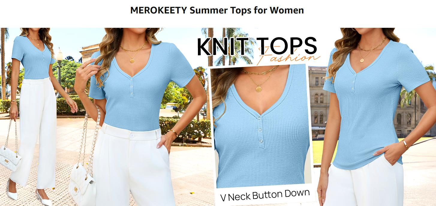 MEROKEETY Women's Summer Short Sleeve V Neck T Shirts Casual Ribbed Button Henley Knit Tops Blouse