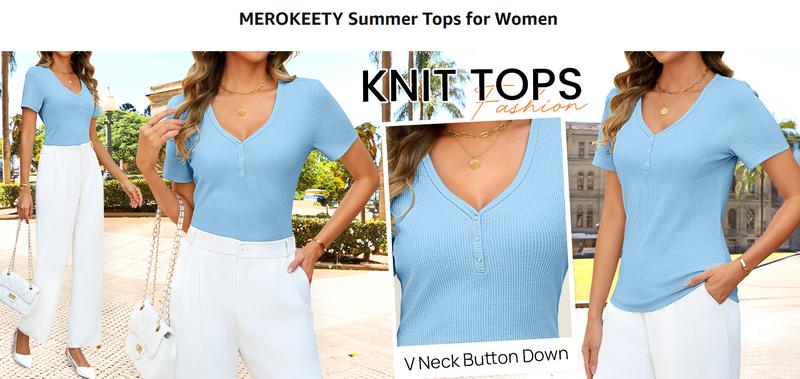 MEROKEETY Women's Summer Short Sleeve V Neck T Shirts Casual Ribbed Button Henley Knit Tops Blouse