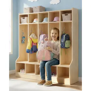 Kid's Coat Locker with Bench, 5-Section Coat Locker with 10 Cubby Storage & Hooks, Classroom Furniture for Organized Storage