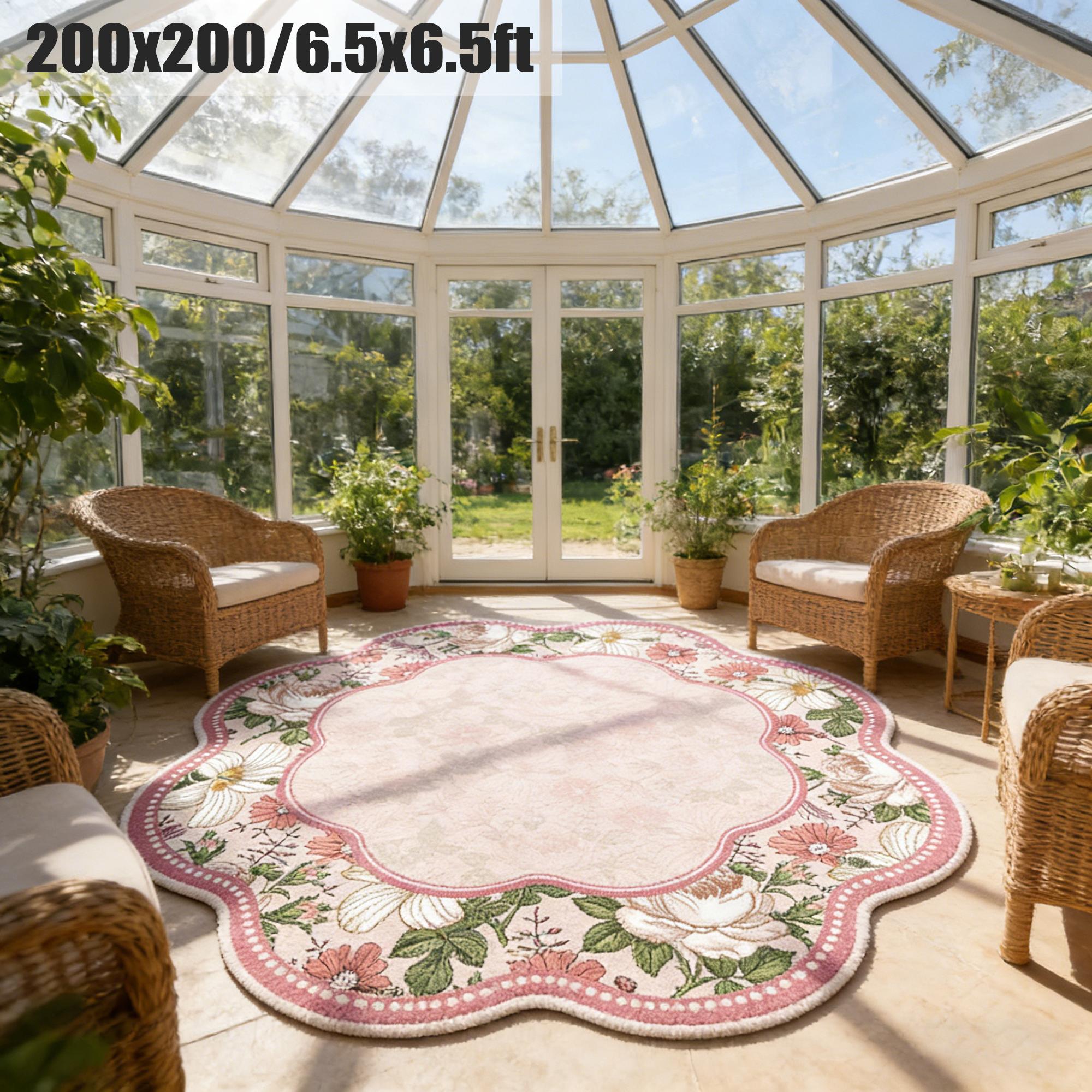 Creative Flower Petal Print Carpet, Foldable Washable Non-Slip Plush Rug, Decorative Area Rug, Romantic French Style for Living Room Bedroom, Round Floral Shaped Rug