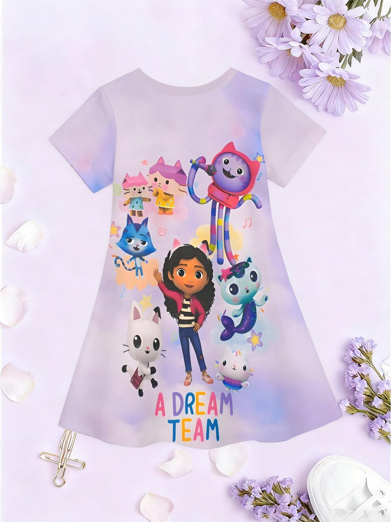 Girls' Base Gabby Team Full Print Dress, Cartoon Dream Team Short Sleeve A-Line Dress, Summer Casual Dress, Birthday Gift, Festival Gift