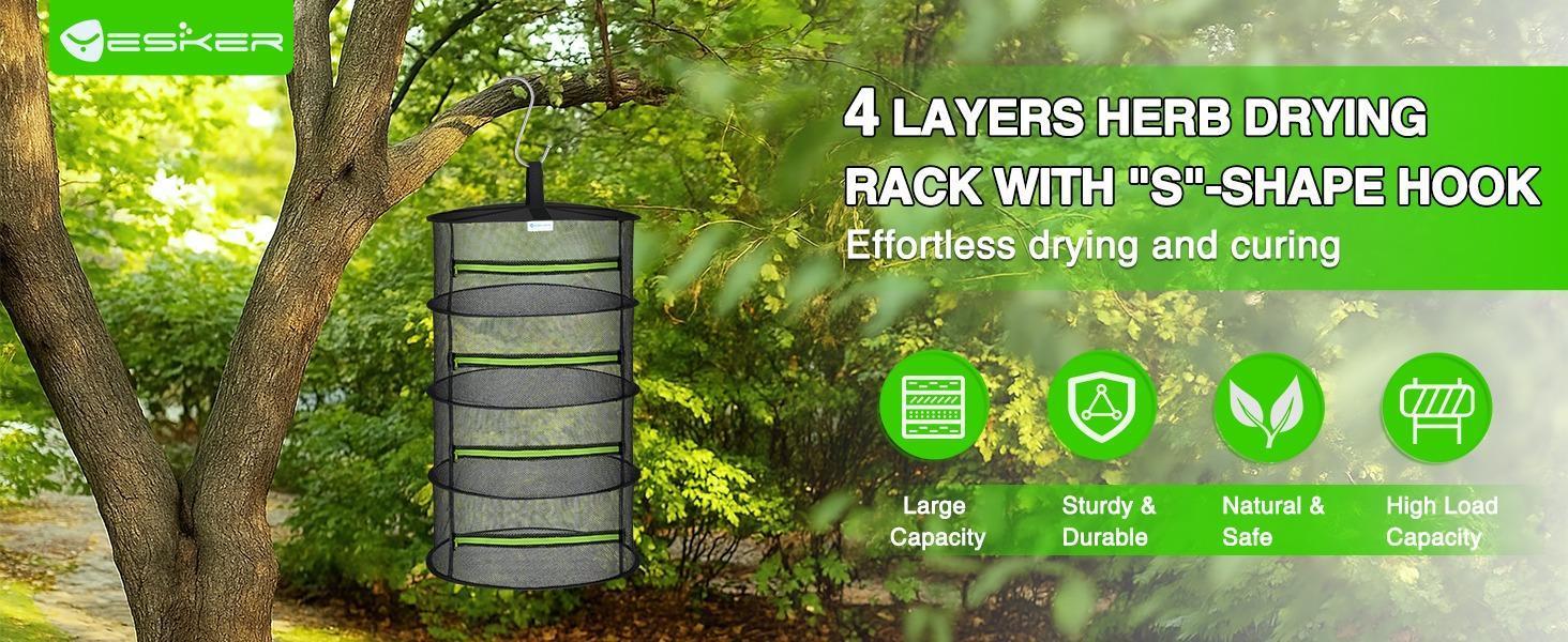 Yesker 4-Layer Round Steel Herb Drying Rack, 24" Diameter Hanging Mesh Netting with Green Zipper & Hook, Waterproof Foldable Dryer for Herbs, Grow Tent Use, Father's Day Gift