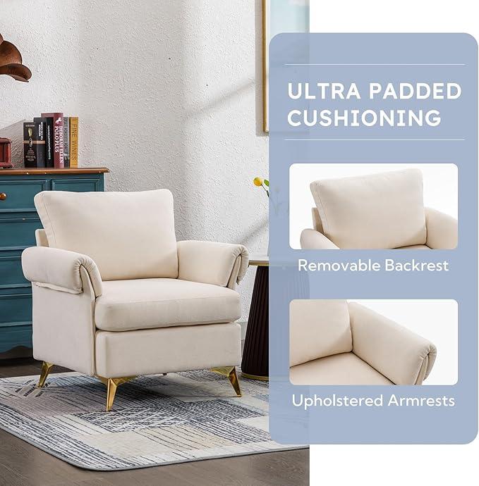 [Stock Up] EBELLO Modern Accent Chair with Armrests, Comfortable and Washable with Solid Metal Legs, Upholstered Single Sofa for Living Room, Bedroom, Office, Beige