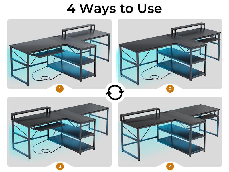 94.5 Inch Office Computer Desk 2 Person Gaming Desk with Storage LED Lights Keyboard Tray Power Strip with USB & Monitor Stand